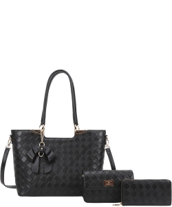 3in1 Quilt Textured Bow Satchel Crossbody and Wallet Set BZ-8093-S BLACK